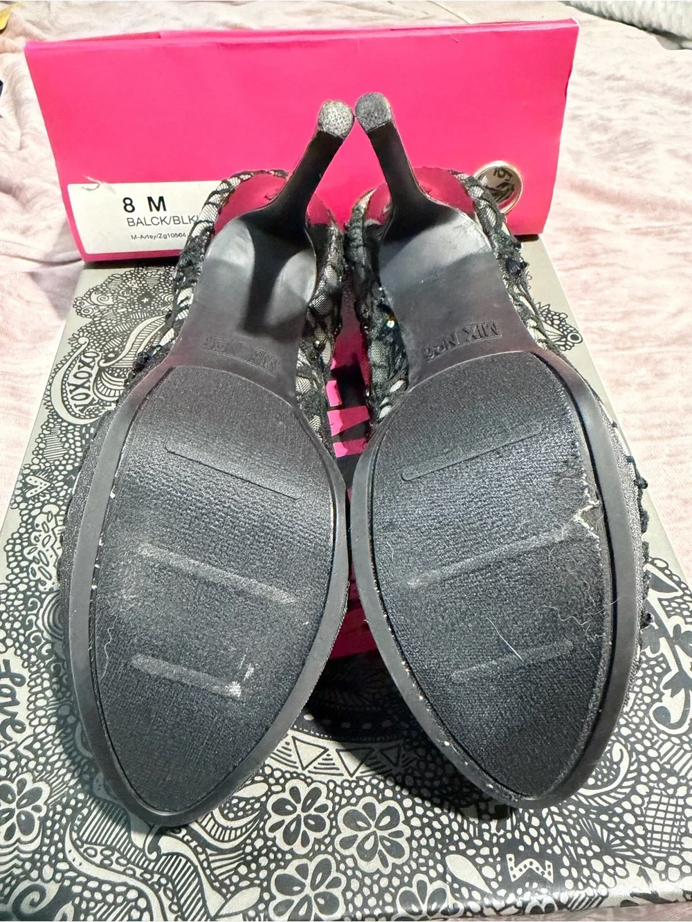Mix No. 6 Black Lace Peep Toe Heels with Beaded Detail